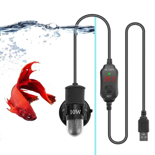 Calentador de acuario USB ajustable con cable largo y carcasa negra, sumergido sobre un pez rojo.