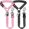 A pink and black automatic retractable dog leash with a buckle attached to the handle.
