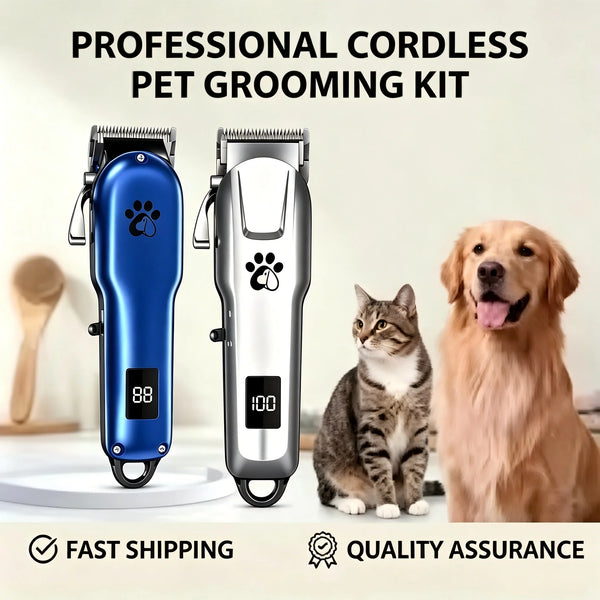 Kit de toilettage pour animaux sans fil, avec un coupe-poils bleu et argenté, à côté d'un chien et d'un chat.