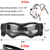 Image showing orange and black adjustable UV protection dog sunglasses in M and S sizes with strap measurements.