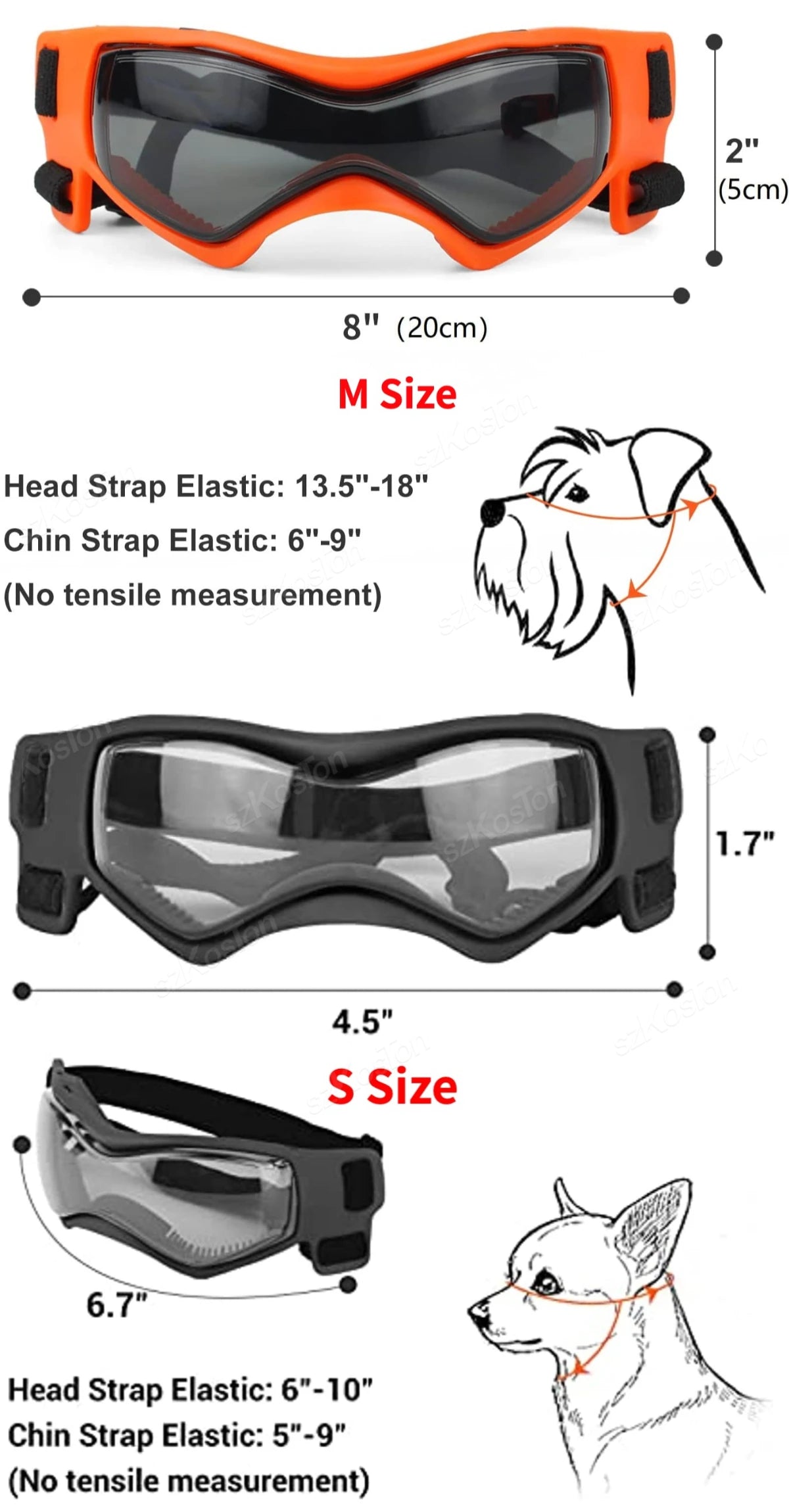 Image showing orange and black adjustable UV protection dog sunglasses in M and S sizes with strap measurements.