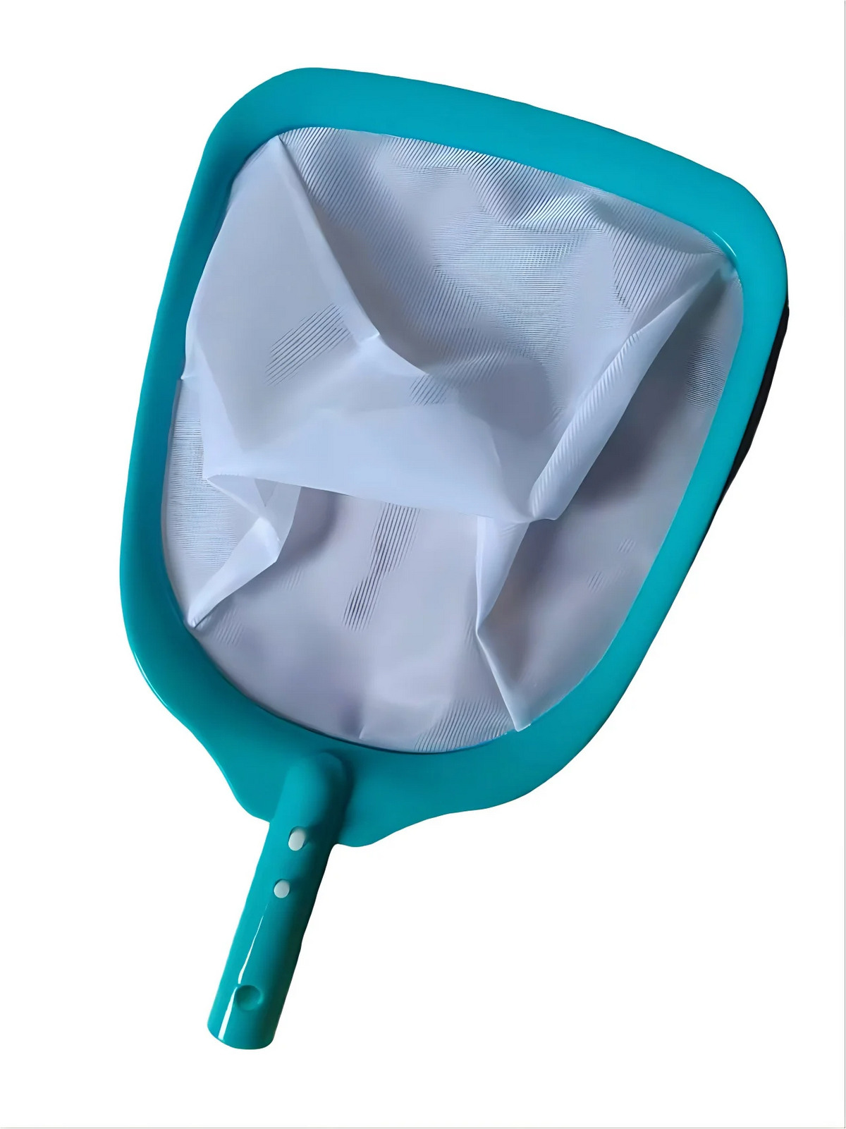 A teal pool leaf skimmer net with a white mesh insert and a handle.