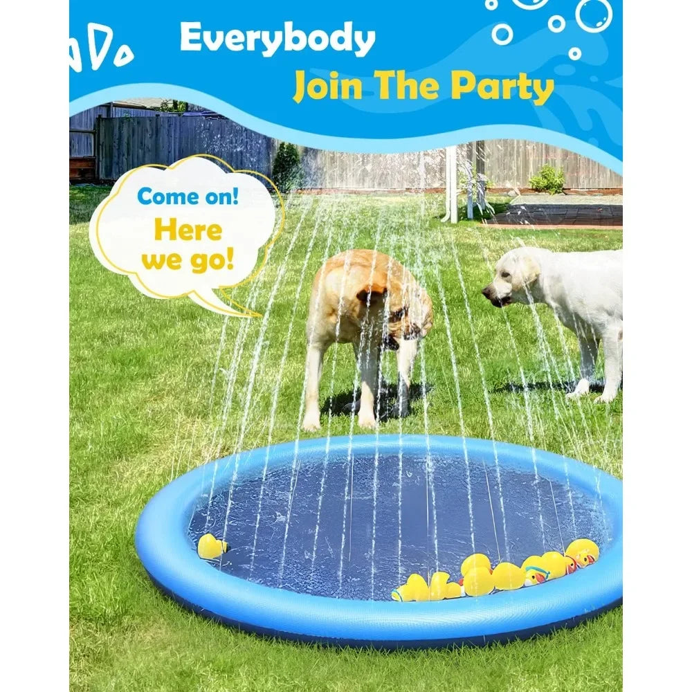 A dog splash pad with water spraying onto a grassy area, inviting dogs to join the party.