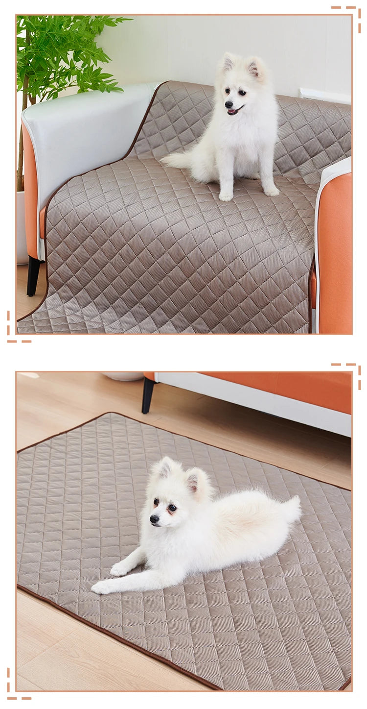A fluffy white dog is lying on a beige quilted washable cooling mat for dogs.