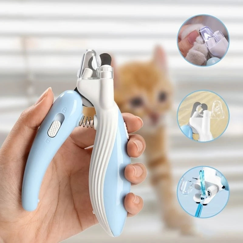 A hand holds a light blue LED pet nail clipper, with inset images showing the clippers and their use on a cat's paw.