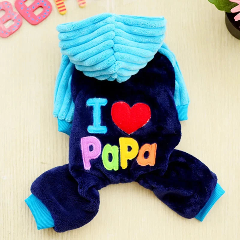 Costume de chien en polaire bleu et violet pour hiver avec capuche et cœur pour petite race.