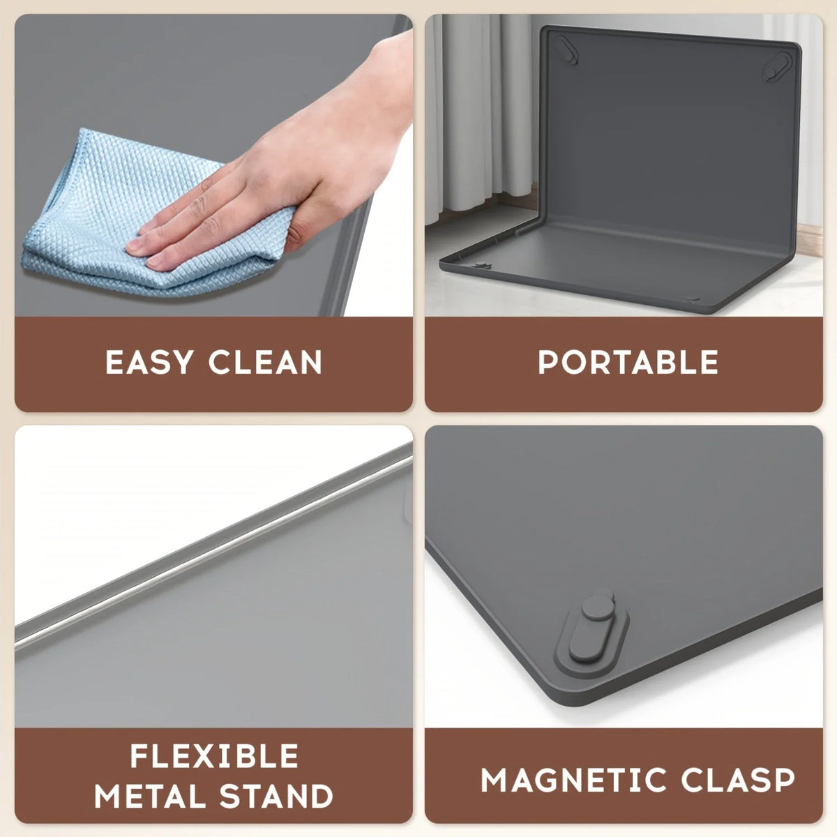 A set of pet urine separation pads featuring an easy clean design, portable folding structure, flexible metal stand, and magn