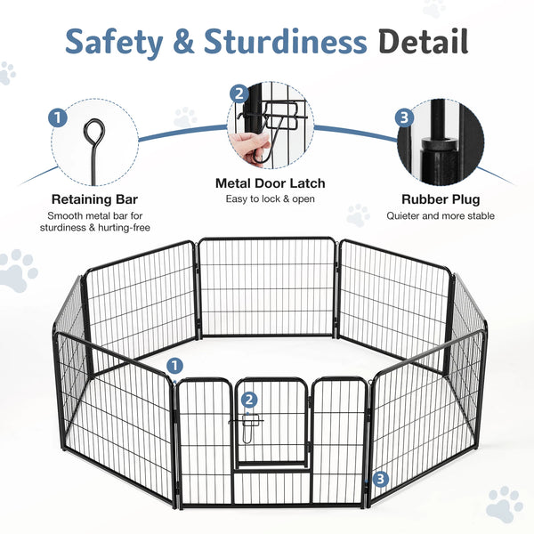 Black foldable metal dog playpen with latches and rubber plugs for safety and sturdiness