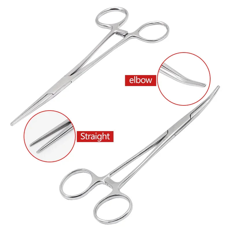 Stainless steel pet ear hair tweezers showing straight and elbow tips