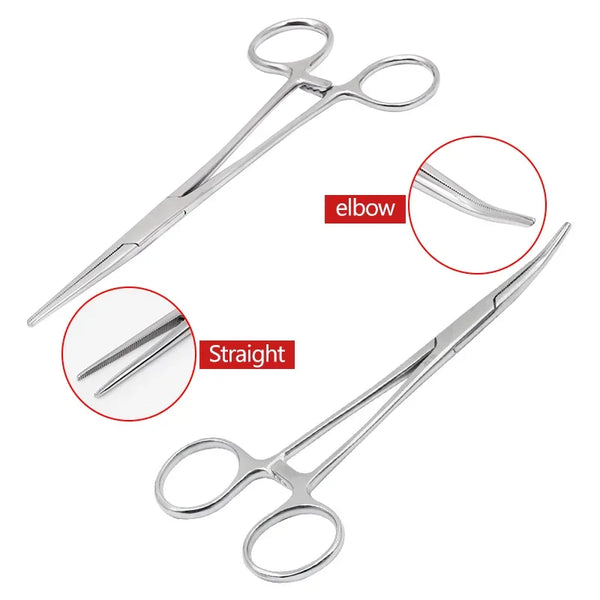 Stainless steel pet ear hair tweezers showing straight and elbow tips