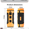 An orange ultrasonic dog bark control device shown in a side view with various accessories like a lanyard, bags, and charging