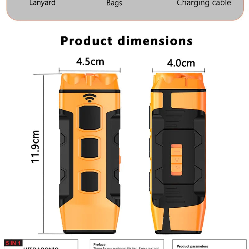 An orange ultrasonic dog bark control device shown in a side view with various accessories like a lanyard, bags, and charging