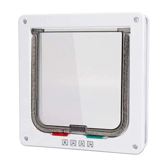 Placa de puerta para mascotas de 4 vías resistente con ventana de vidrio transparente y herrajes de montaje.