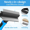 A close-up view of a 2 in 1 deshedding brush with a non-slip rubber handle and a metal comb attachment.