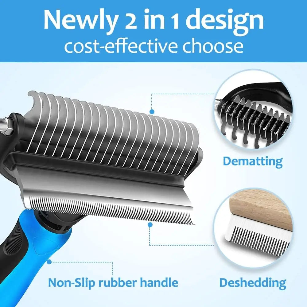 A close-up view of a 2 in 1 deshedding brush with a non-slip rubber handle and a metal comb attachment.