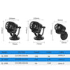 A set of three black aquarium wave maker pumps shown with various dimensions and specifications.