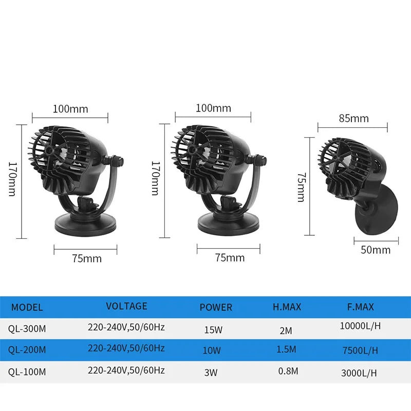 A set of three black aquarium wave maker pumps shown with various dimensions and specifications.
