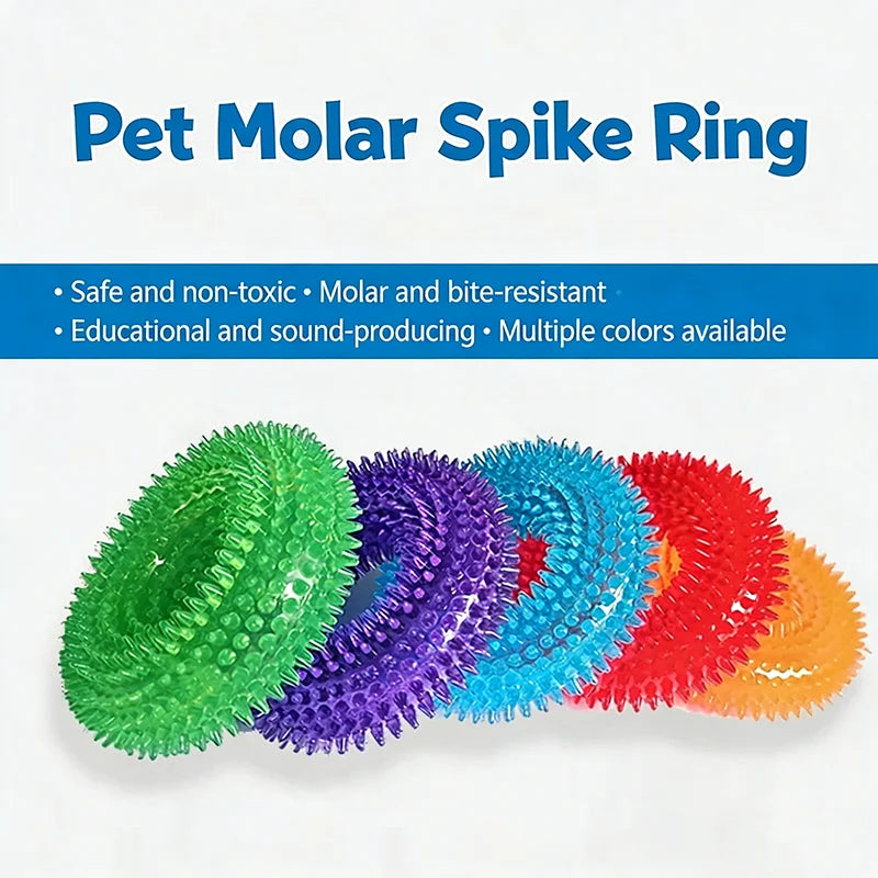 A collection of colorful pet molar spike rings with various textures and spiky surfaces.