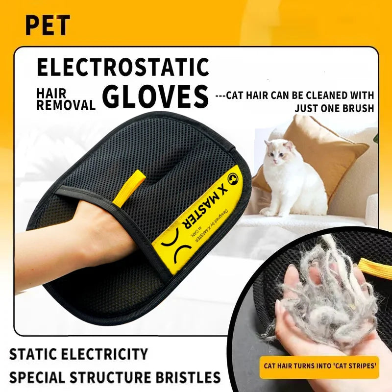 Black electrostatic hair removal gloves being used to clean cat hair from a surface.