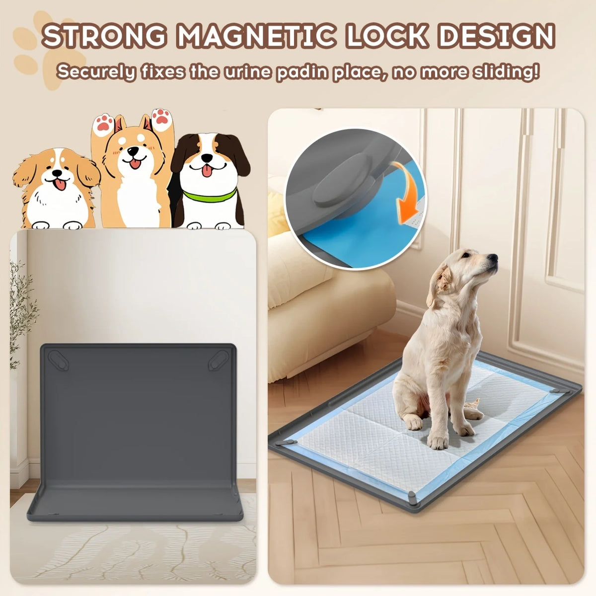 A gray pet urine separation pad is shown next to several happy dogs, demonstrating a strong magnetic lock design.