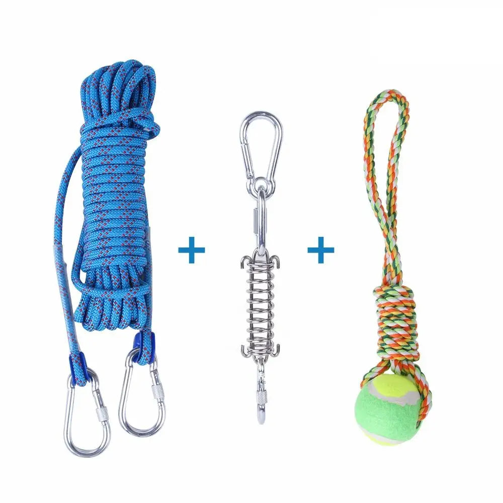 A set of durable bite-resistant dog spring pole toys featuring a blue cotton rope and green ball.