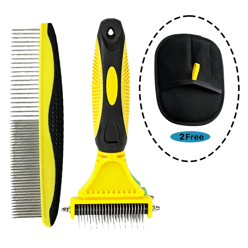 A yellow grooming brush with a black handle and a black rubber pad, shown alongside the brush and its cleaning accessory.