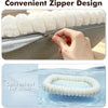 Close-up of a convenient zipper design on a gray hammock and a round white product for washing