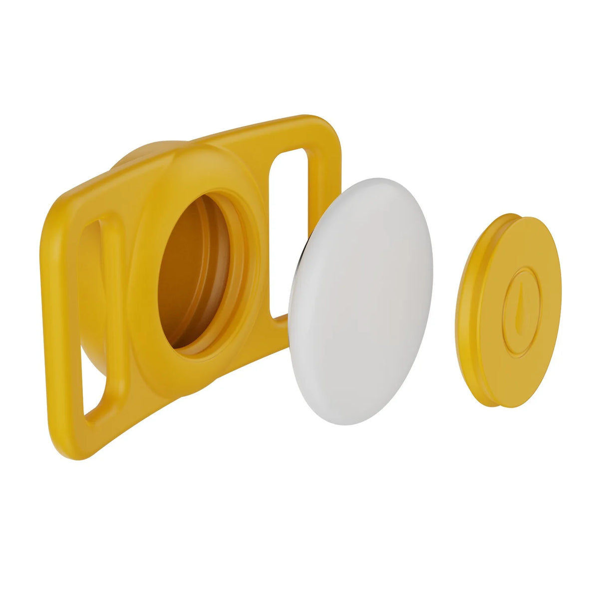 Yellow silicone airtag holder with a white circular piece.