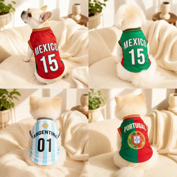 Three dog soccer jerseys in red, green, and blue featuring national team colors for summer play
