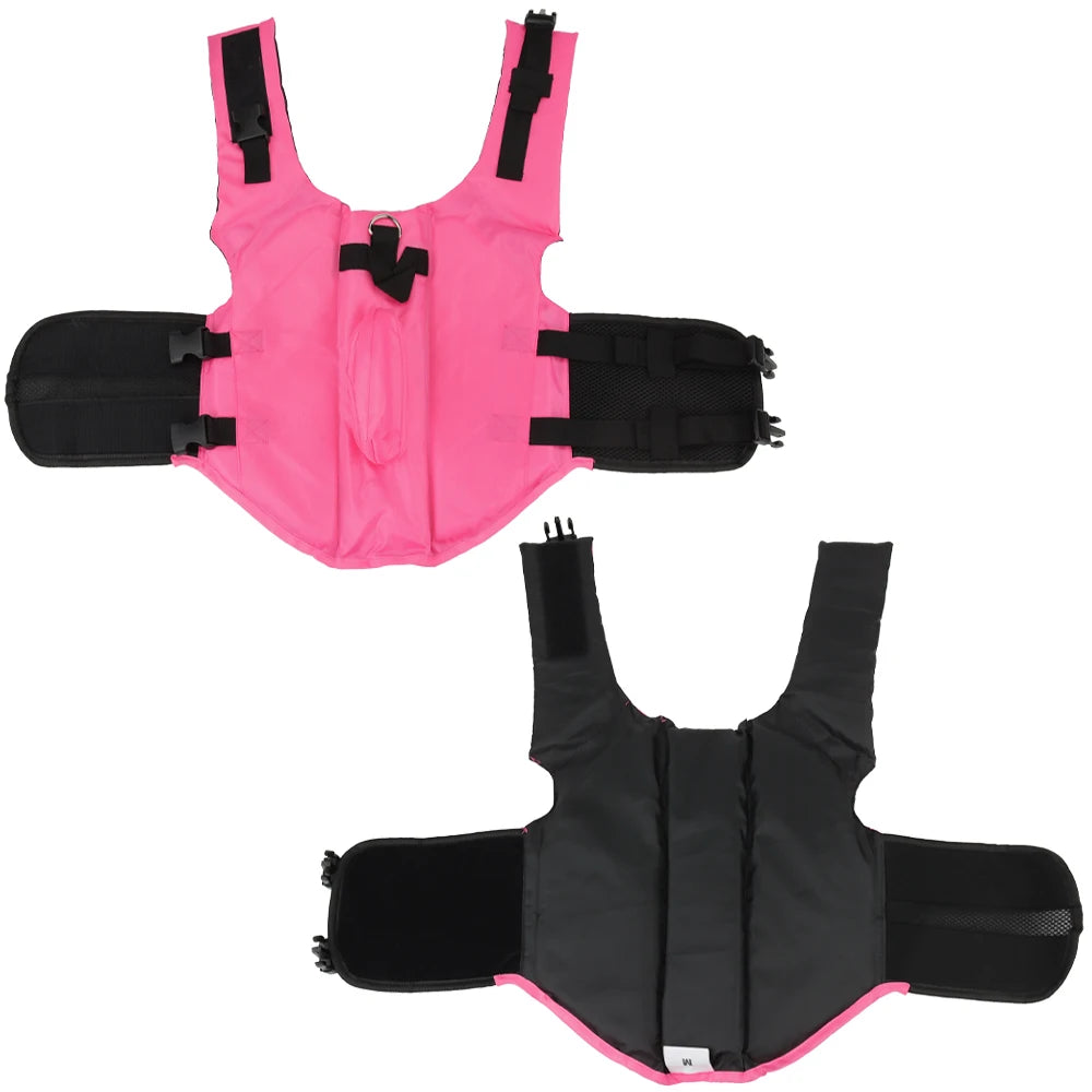 Pink and black water resistant life vest for dogs