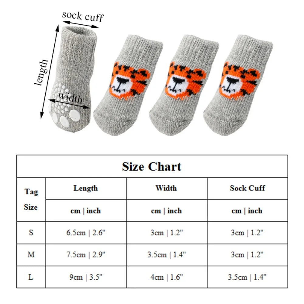 A size chart showing dimensions for S, M, and L sized anti-slip pet socks with corresponding length and width measurements.