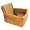 A tan quilted dog car seat with a removable orthopedic cushion.