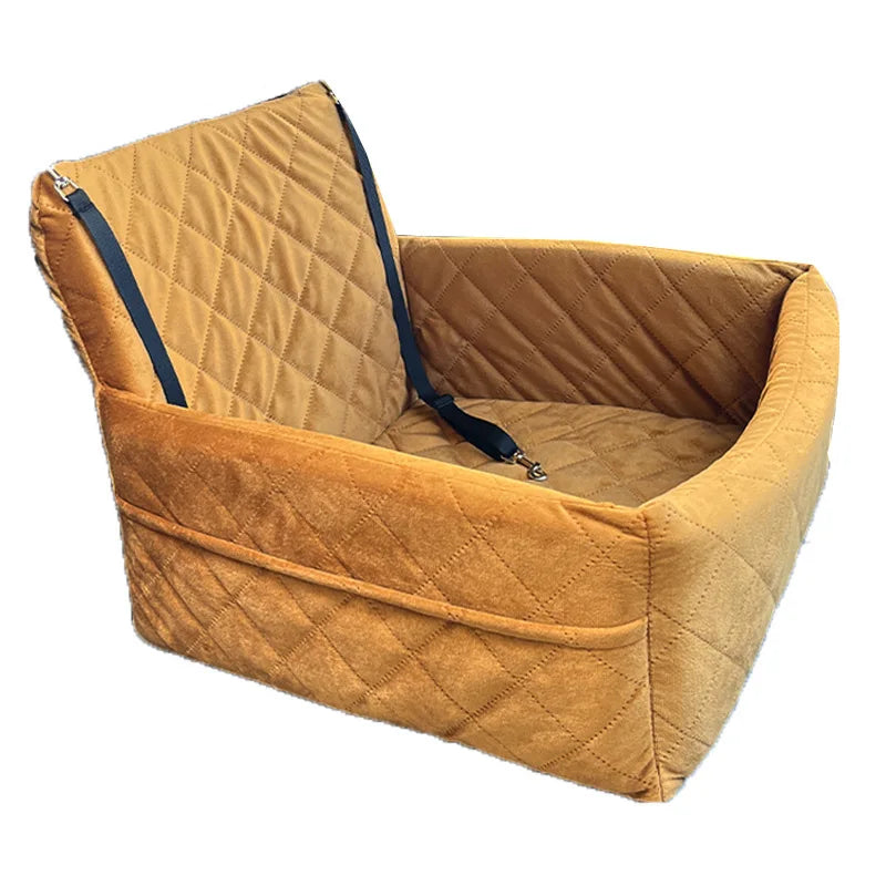 A tan quilted dog car seat with a removable orthopedic cushion.
