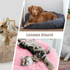 A collage showing a dog, a cat, and a lion-like pet resting on ultra-soft plush beds.