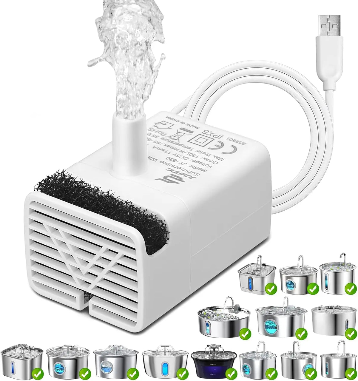 A white replacement pump and various stainless steel bowls for a cat water fountain are shown.