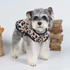 A fluffy gray dog wearing a leopard print pet vest standing next to a stack of wooden blocks.