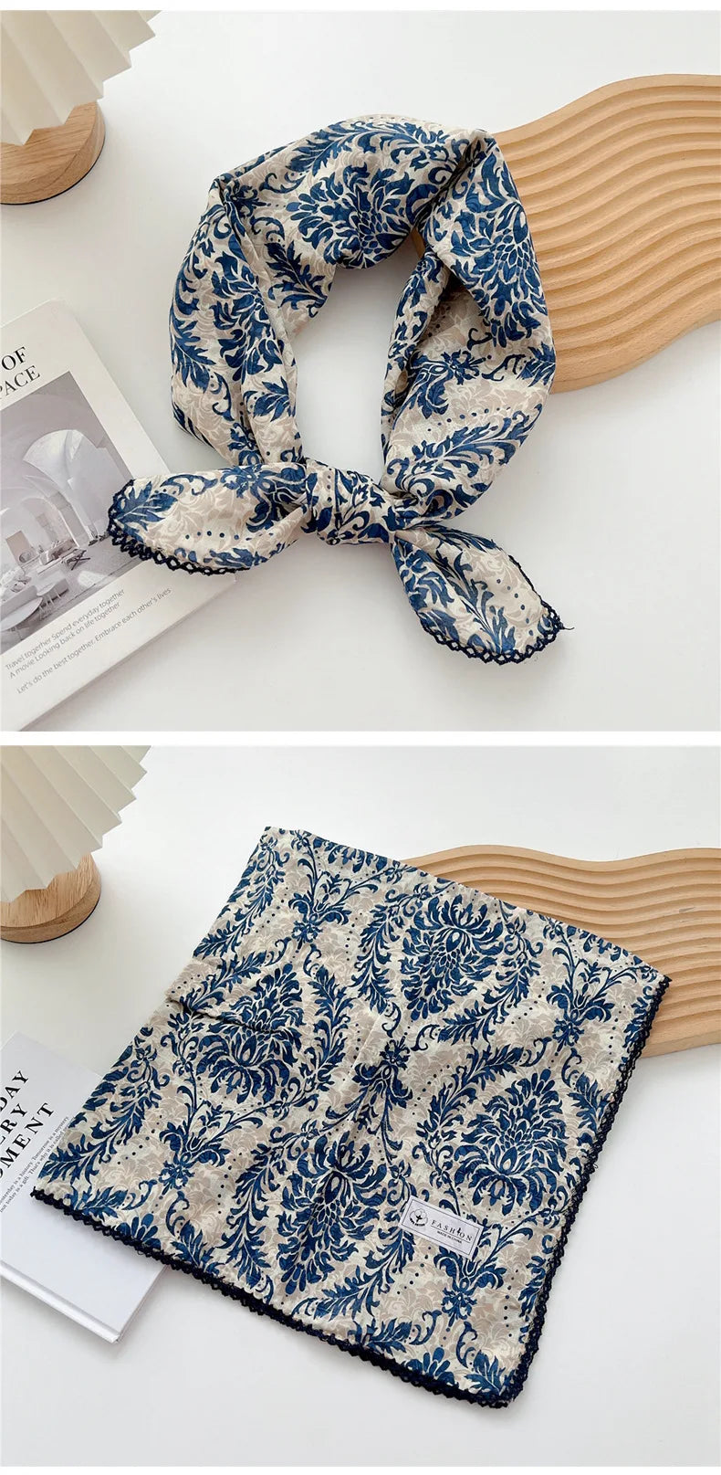 Foulard en coton bleu et crème à motif noué en nœud, exposé à côté d'un objet en bois.