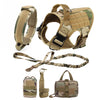 A heavy duty tactical dog harness with a padded vest and molli pouch system shown in various components.