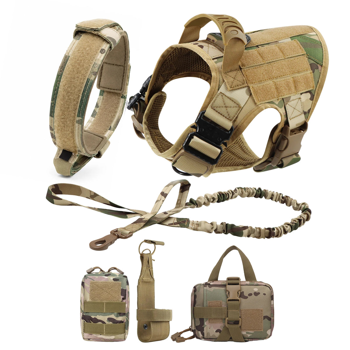 A heavy duty tactical dog harness with a padded vest and molli pouch system shown in various components.