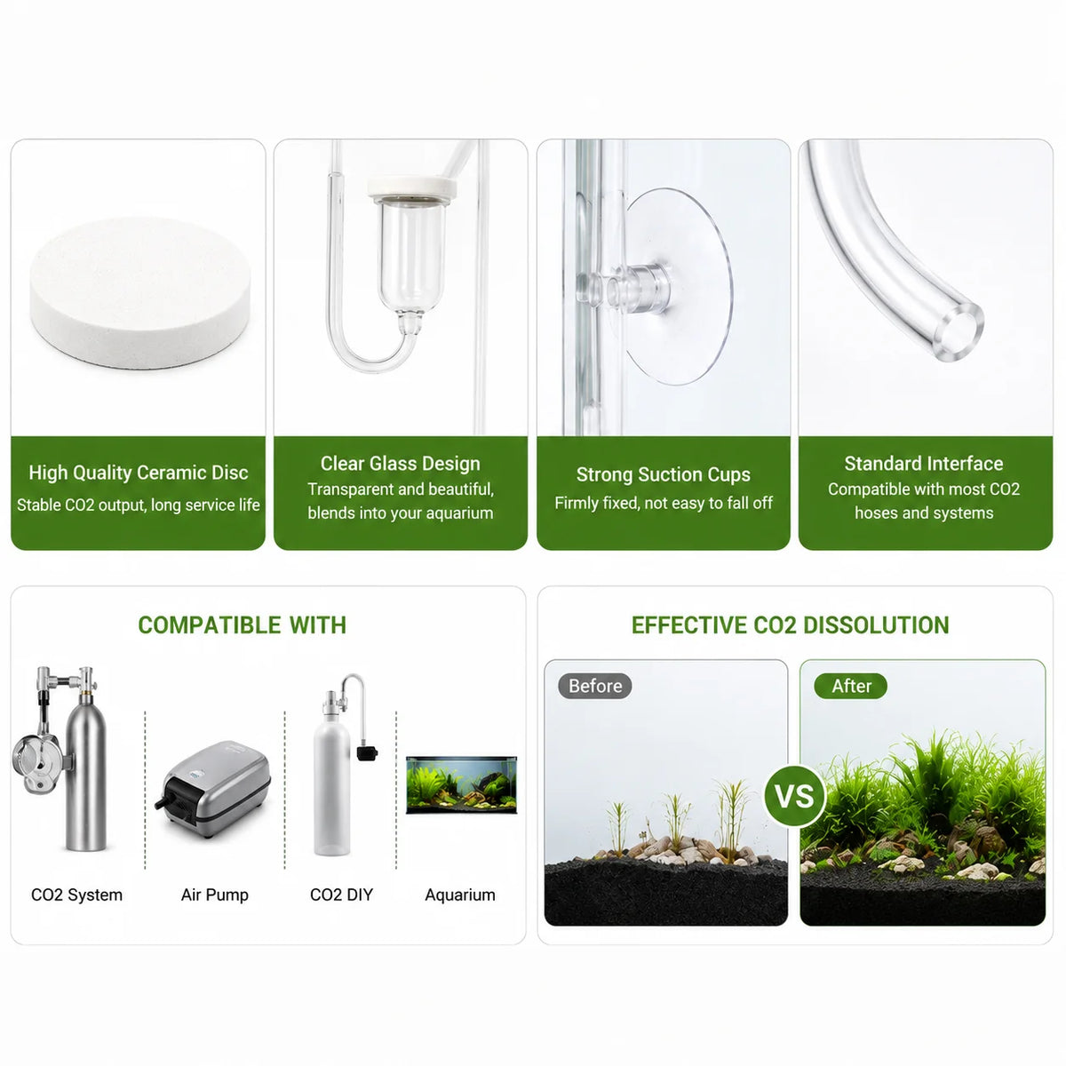 A set of aquarium CO2 diffusers featuring a ceramic disc, suction cups, and various interface components for gas delivery.