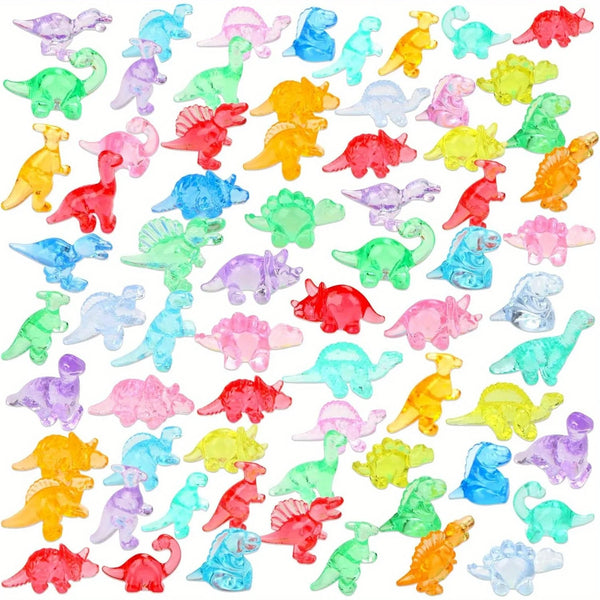 Eine Sammlung farbenfroher Mini-Dinosaurierfiguren aus Harz in verschiedenen Schattierungen und Posen.