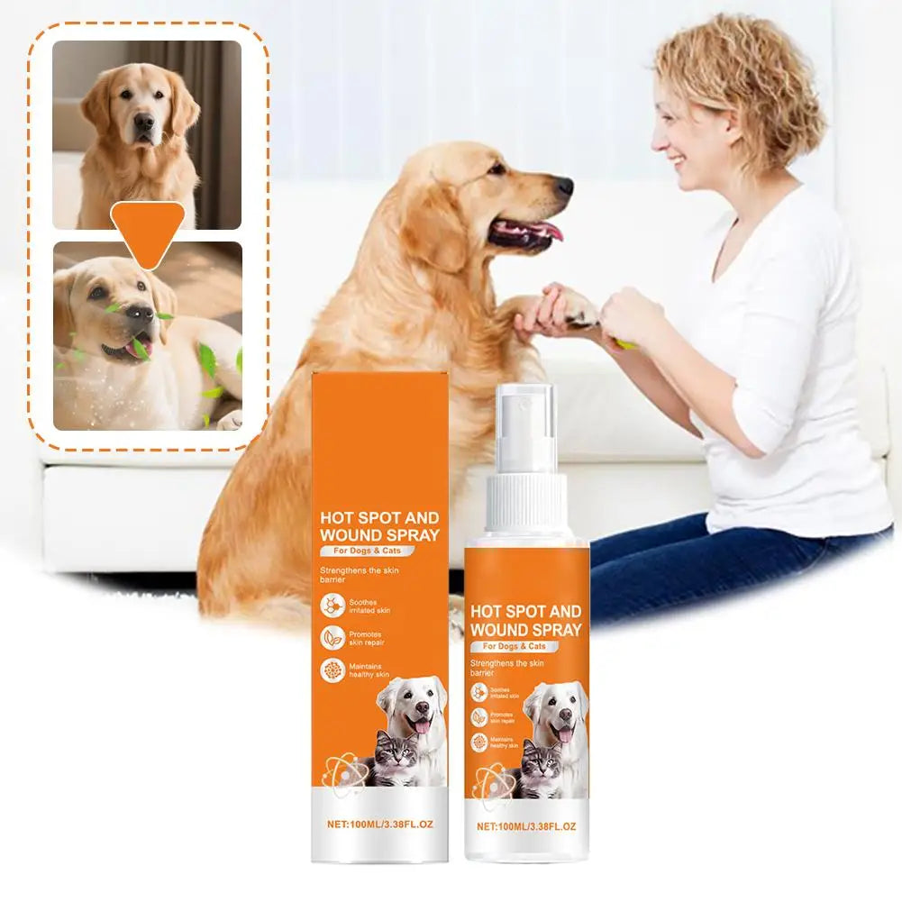 A woman is applying a hot spot and wound spray to a dog, with bottles of the product visible.