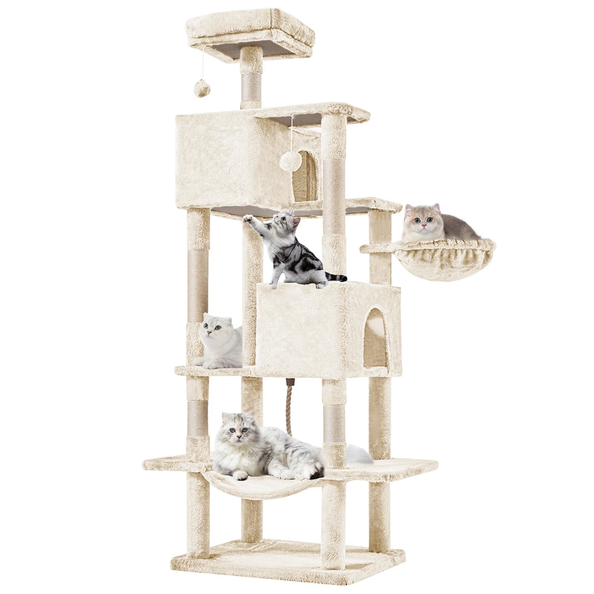 A multi-level cat climbing tree with sisal scratching posts featuring several cats.
