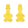 A bright yellow plush duck pet toy with a soft texture and a rounded body.