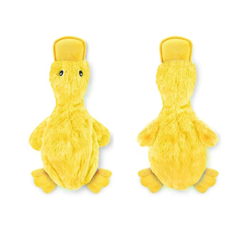 A bright yellow plush duck pet toy with a soft texture and a rounded body.