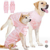 A golden retriever wearing a pink patterned dog surgery recovery suit, with sizing options shown.