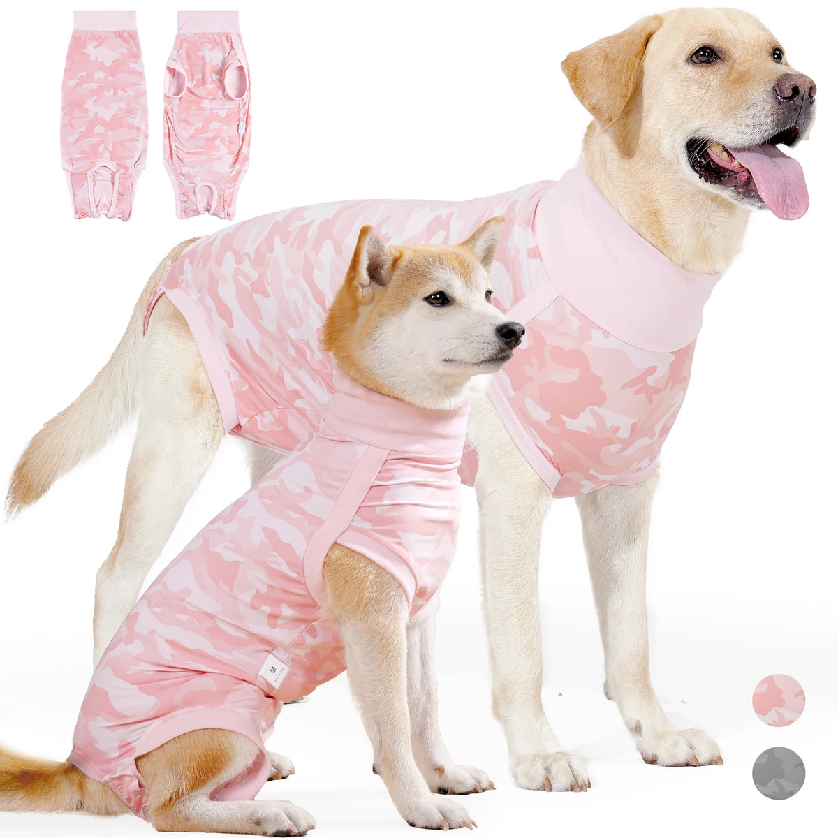 A golden retriever wearing a pink patterned dog surgery recovery suit, with sizing options shown.
