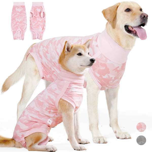 A golden retriever wearing a pink patterned dog surgery recovery suit, with sizing options shown.