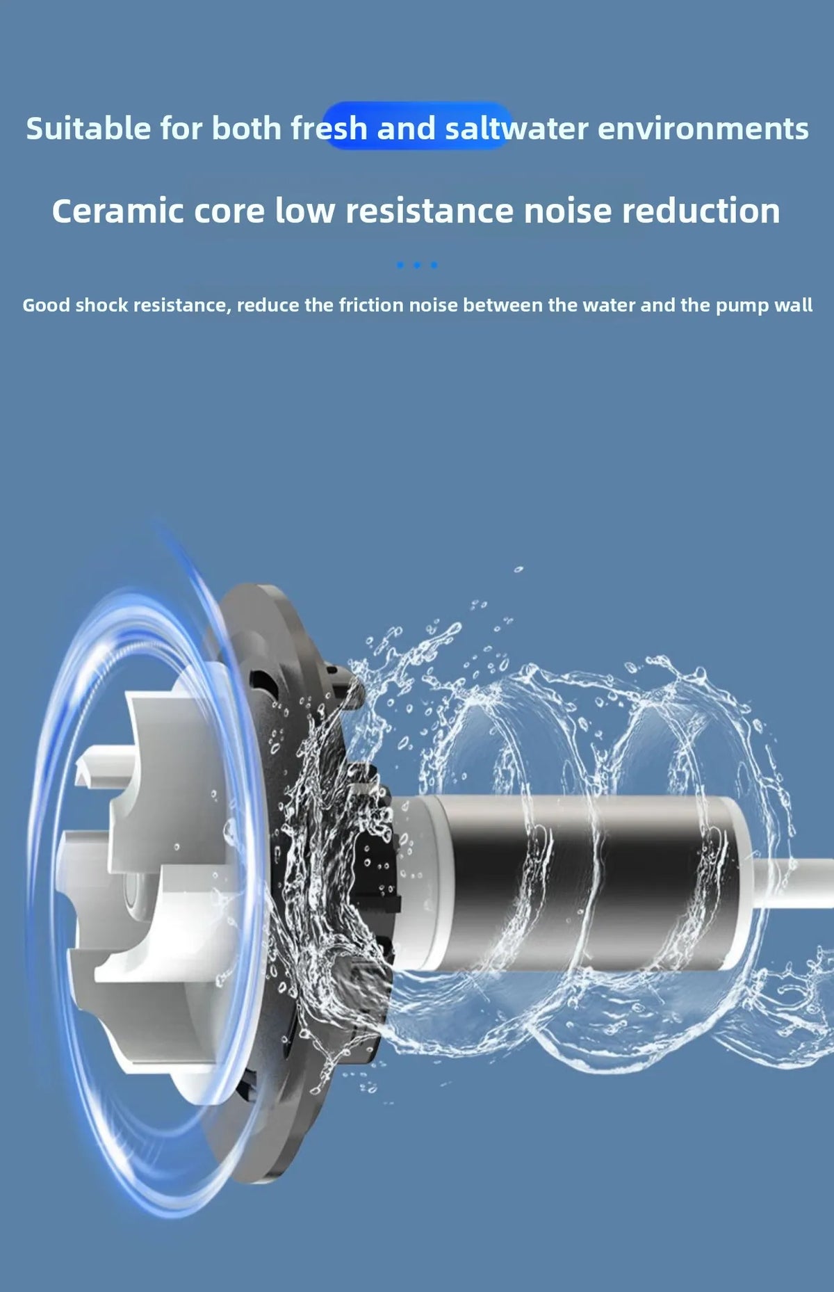 Illustration rapprochée d'une pompe centrale en céramique générant un flux d'eau et une réduction du bruit.