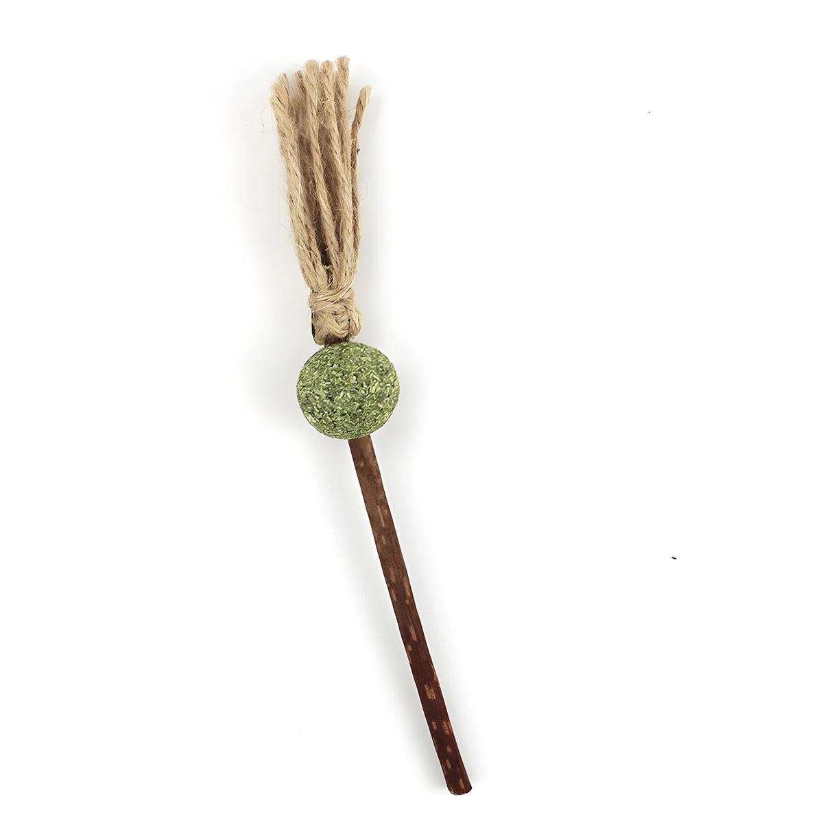 A natural silvervine cat chew stick with a fibrous tie and a round, green-colored ball attached to a wooden stick.